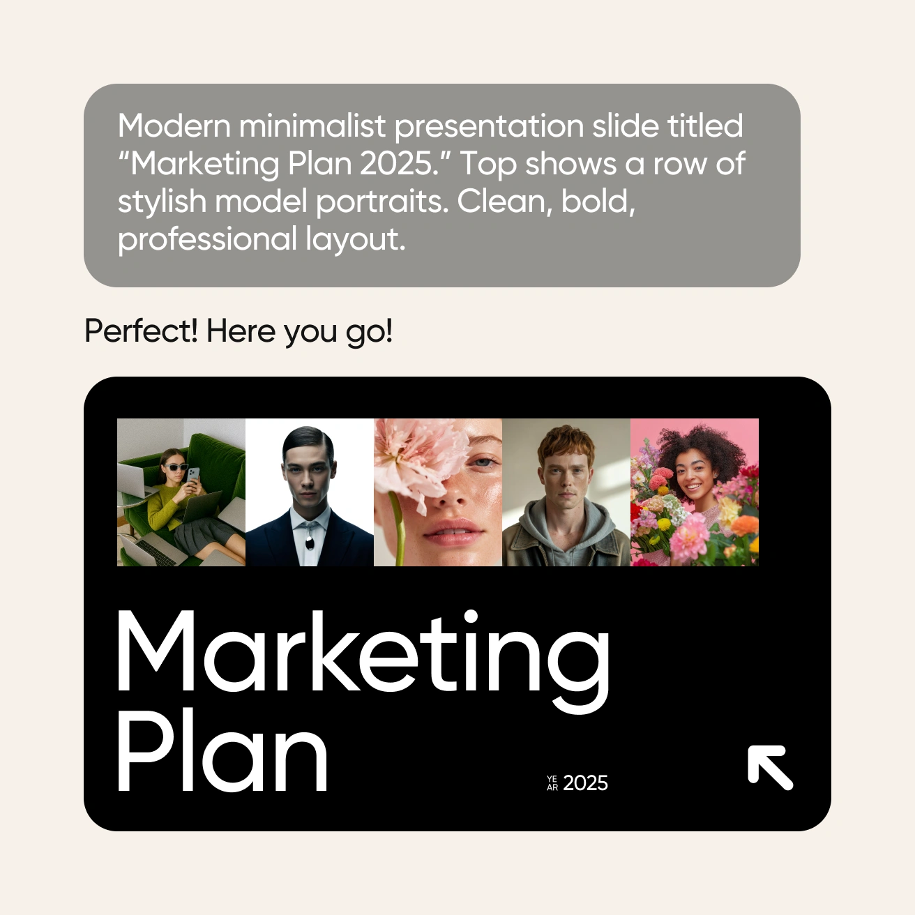 AI Assistant interface showing design generation capabilities