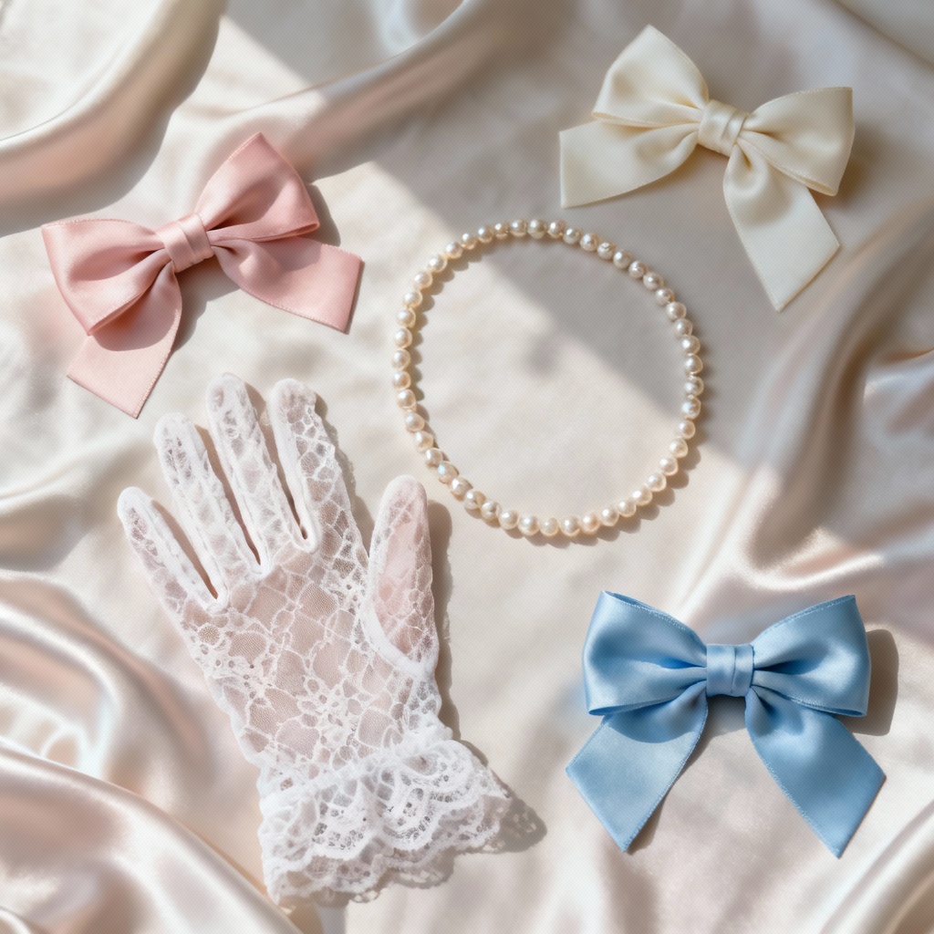 Coquette fashion flatlay — bows & pearls