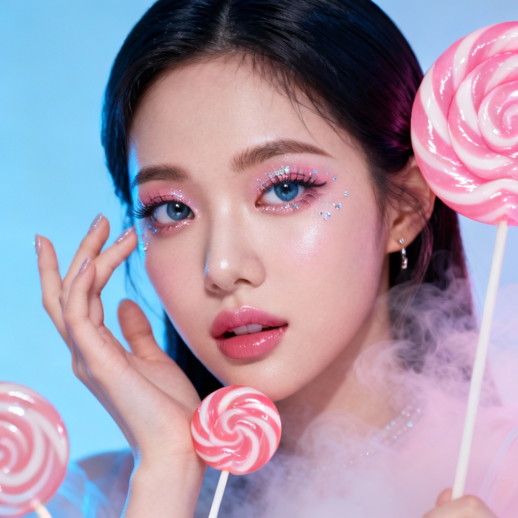 Idol-style portrait with studio set props (oversized candy shapes), glossy skin sheen, gel lighting (cool blue + soft pink), playful hand pose, sparkly eye highlights, airy haze, crystal-clear makeup detail, poster-ready framing.