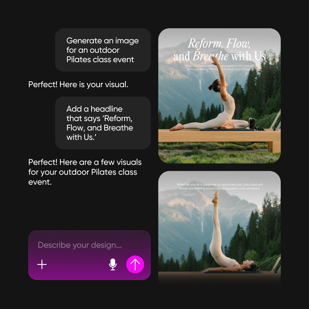 AI Assistant interface showing design generation capabilities