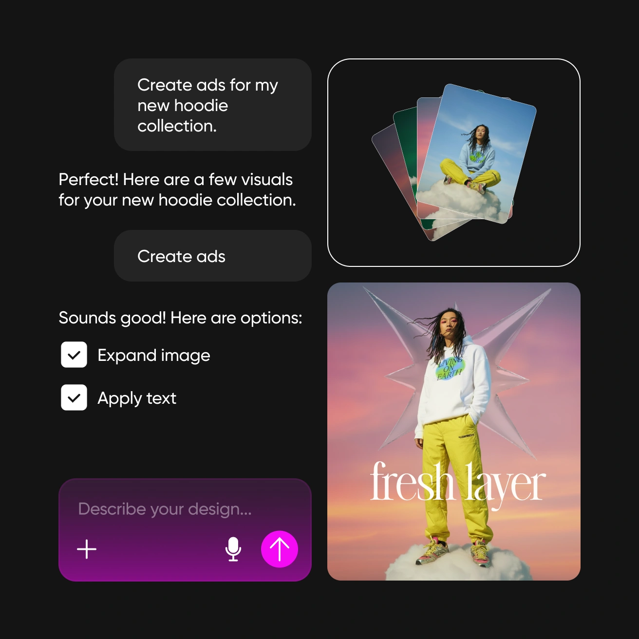 AI Assistant interface showing design generation capabilities