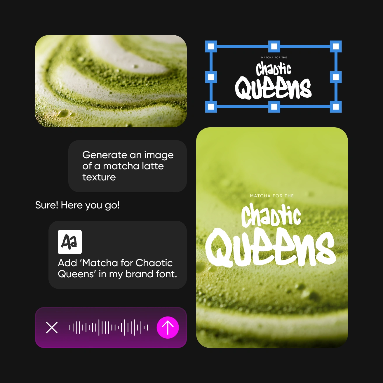 AI Assistant interface showing design generation capabilities
